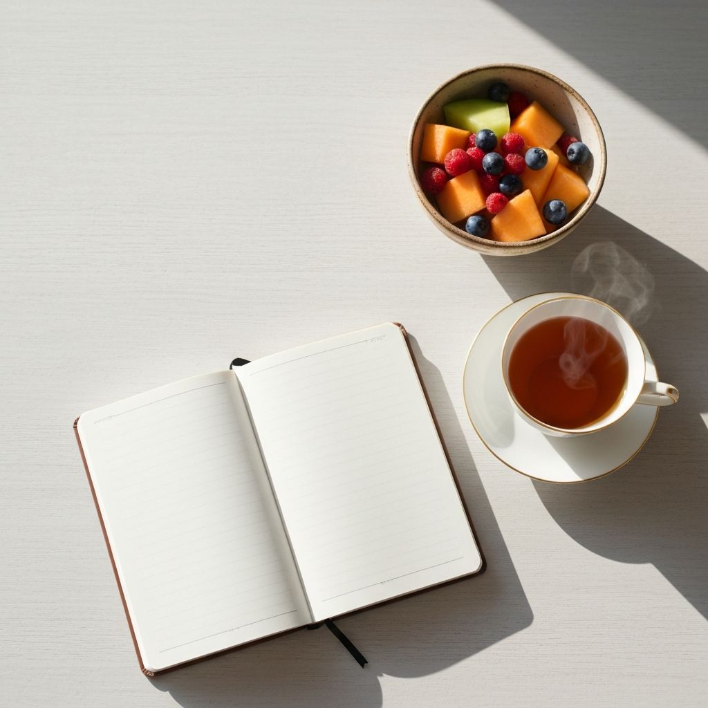 Morning routine setup with tea and fresh fruits