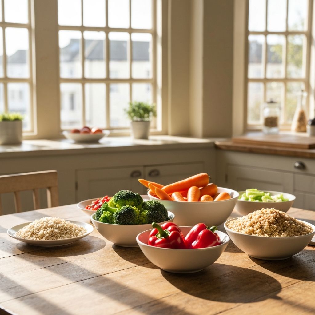Fresh vegetables and grains on a table